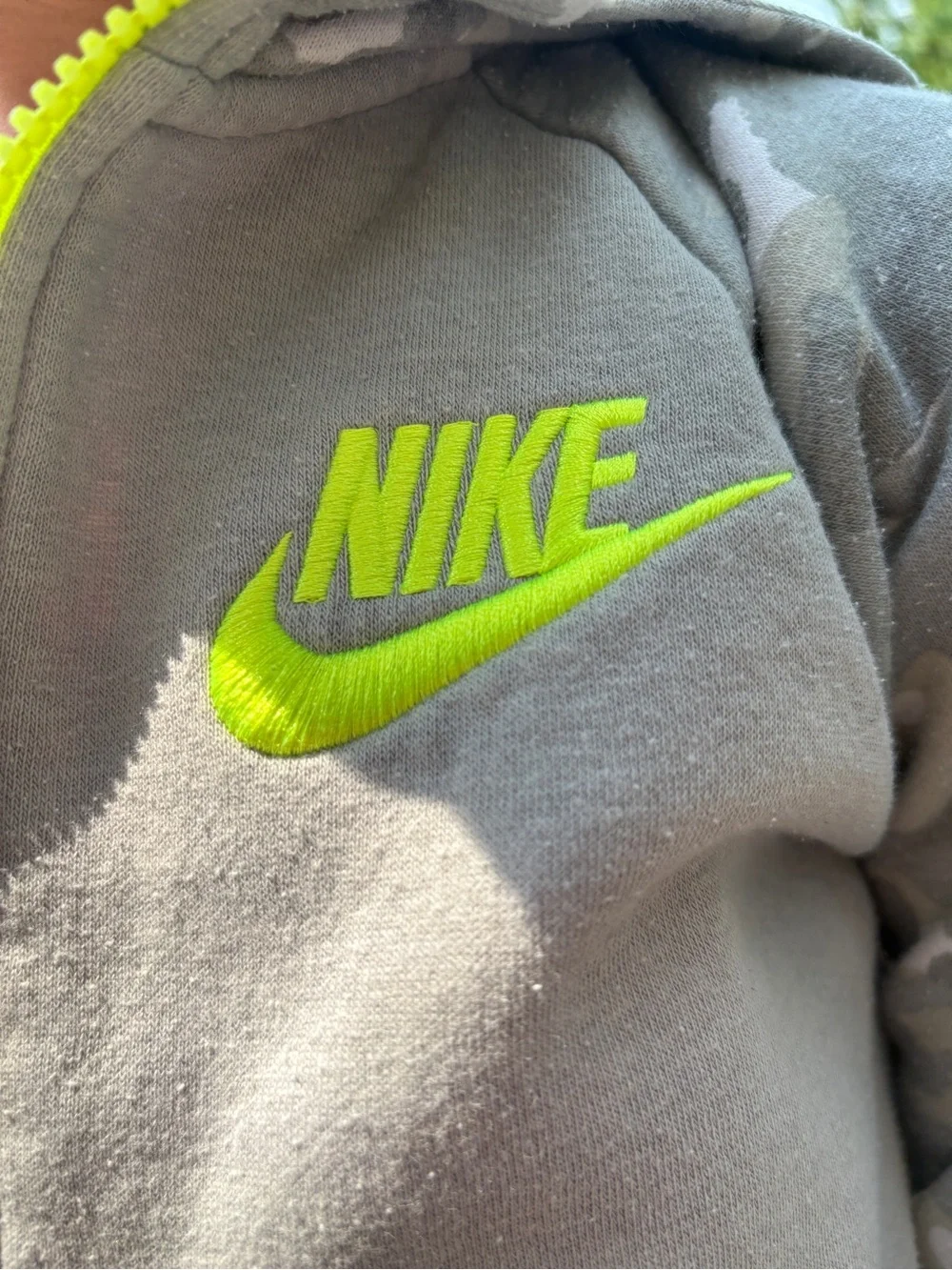Nike Gray Camo Kids Zip Hoodie with Neon Yellow Logo